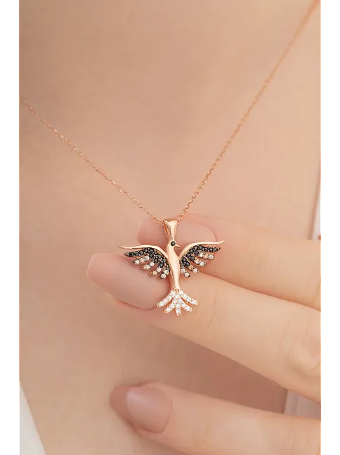 Zümrüdü Anka Kuşu Rose Renk Bayan Gümüş Kolye