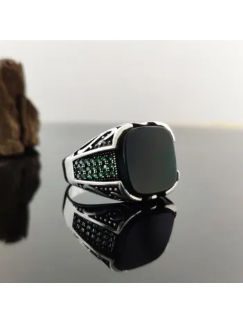 Yeşil Kehribar Gümüş Erkek Yüzük GYZGMSGUMSW