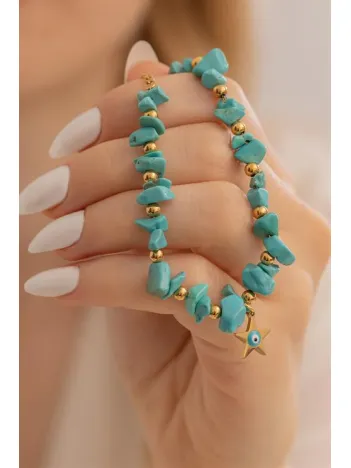 Kadın Bileklik-Çelik Sarı Taş Model Yıldız Nazarlık Çelik Kadın Bileklik