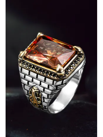 Erkek Gümüş Yüzük - Zultanit Taşı Yanı Tuğra İşlemeli Erkek Yüzük