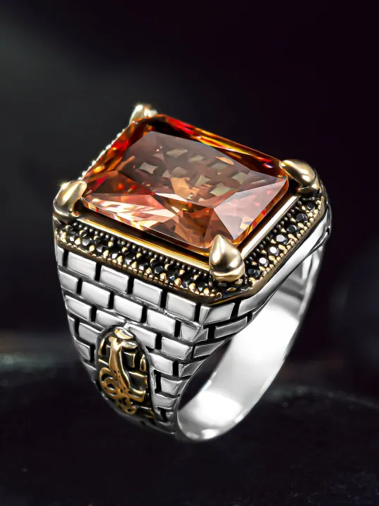 Erkek Gümüş Yüzük - Zultanit Taşı Yanı Tuğra İşlemeli Erkek Yüzük