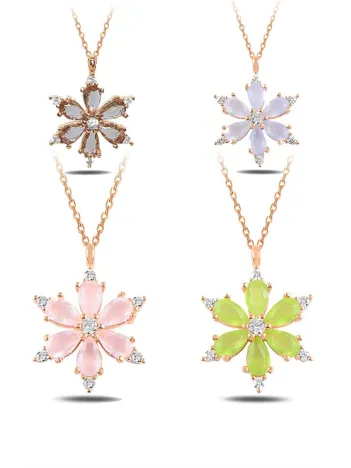 Taşlı Çiçek Figürlü Kadın Gümüş Kolye RZUL874215563-Pembe