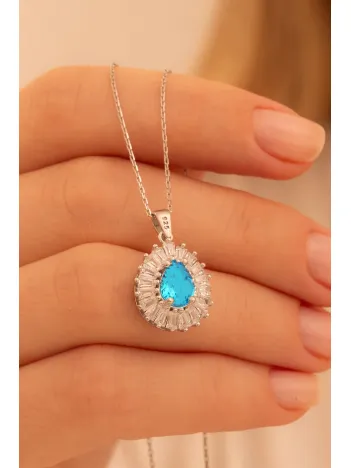 Kadın Gümüş Kolye - Damla Model Mavi Topaz Taşlı Baget Süslemeli Rodyumlu Kadın Kolye