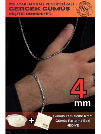 Erkek Gümüş Kolye Bileklik Set - Yassı Ezme Kral Gümüş Bileklik Set