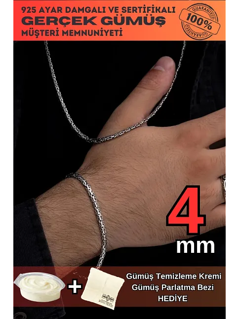 Erkek Gümüş Kolye Bileklik Set - Yassı Ezme Kral Gümüş Bileklik Set