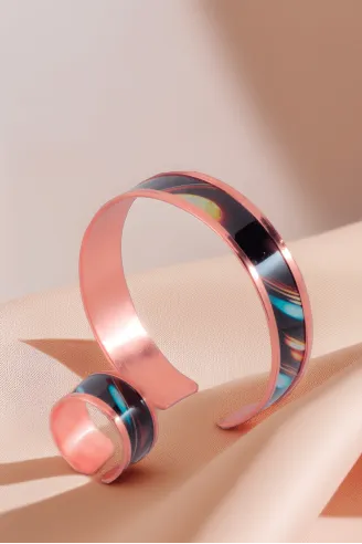 Kadın Bakır Bileklik Yüzük Set - Andrelina Model Özel Baskı Metal Kutu Ve Kuvars Taşı