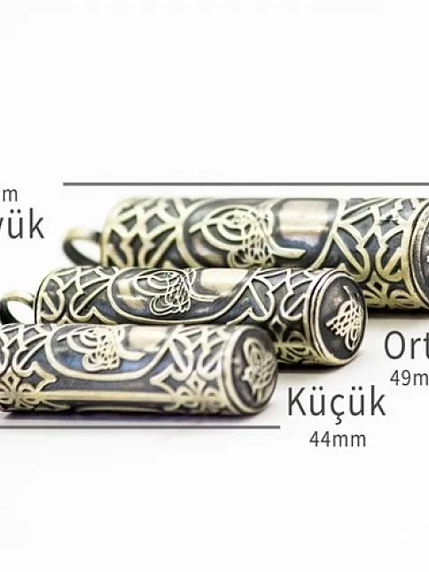 Erkek Gümüş Kolye -  Tuğralı Silindir Yuvarlak Gümüş Muska Haznesi Deri Kolye Hediyeli Orta