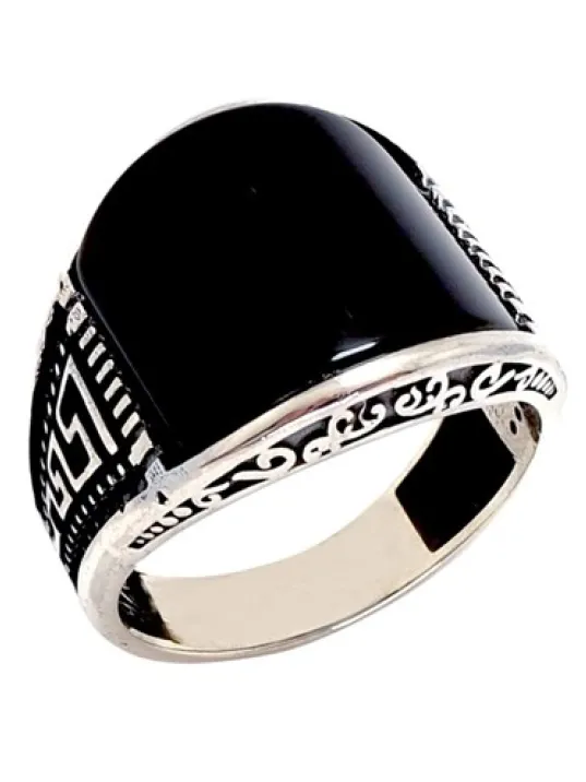 Grek Desenli Oniks Taşlı Erkek Gümüş Yüzük