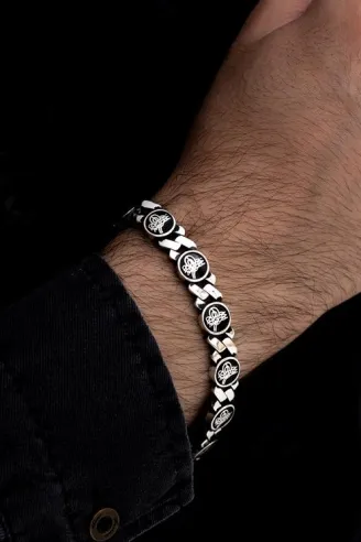 Erkek Gümüş Bileklik - Osmanlı Tuğralı Motifli Yuvarlak Model Gümüş Bileklik