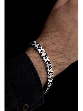 Erkek Gümüş Bileklik - Osmanlı Tuğralı Motifli Yuvarlak Model Gümüş Bileklik