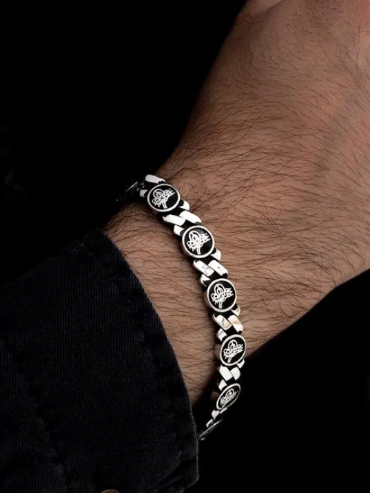 Erkek Gümüş Bileklik - Osmanlı Tuğralı Motifli Yuvarlak Model Gümüş Bileklik