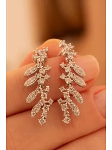 Kadın Gümüş Küpe - Nigar Zirkon Taşlı Yaprak Model Kadın Küpe