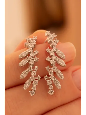 Kadın Gümüş Küpe - Nigar Zirkon Taşlı Yaprak Model Kadın Küpe