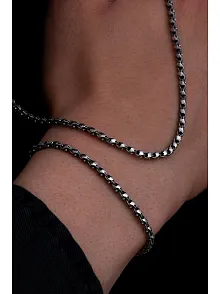 Erkek Gümüş Kolye Bileklik Set - 3mm Pullu Arnavut Zinciri Gümüş Kolye Bileklik Set