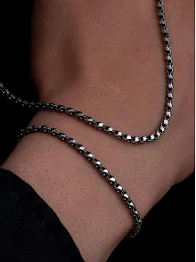 Erkek Gümüş Kolye Bileklik Set - 3mm Pullu Arnavut Zinciri Gümüş Kolye Bileklik Set