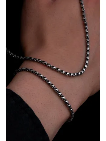 Erkek Gümüş Kolye Bileklik Set - 3mm Pullu Arnavut Zinciri Gümüş Kolye Bileklik Set