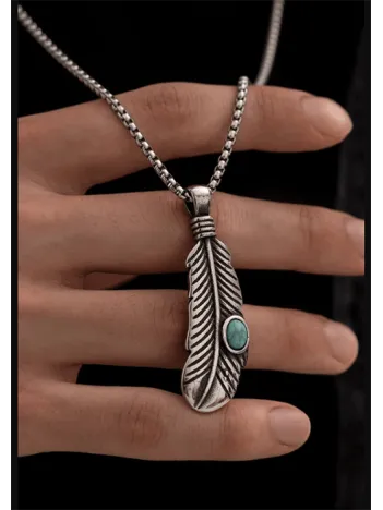 Erkek Kolye - Tüy Model Turkuaz Taşlı Erkek Çelik Kolye - 316 L Paslanmaz Çelik Erkek Kolye - Tüy Model Turkuaz Taşlı Erkek Çelik Kolye - 316 L Paslanmaz Çelik