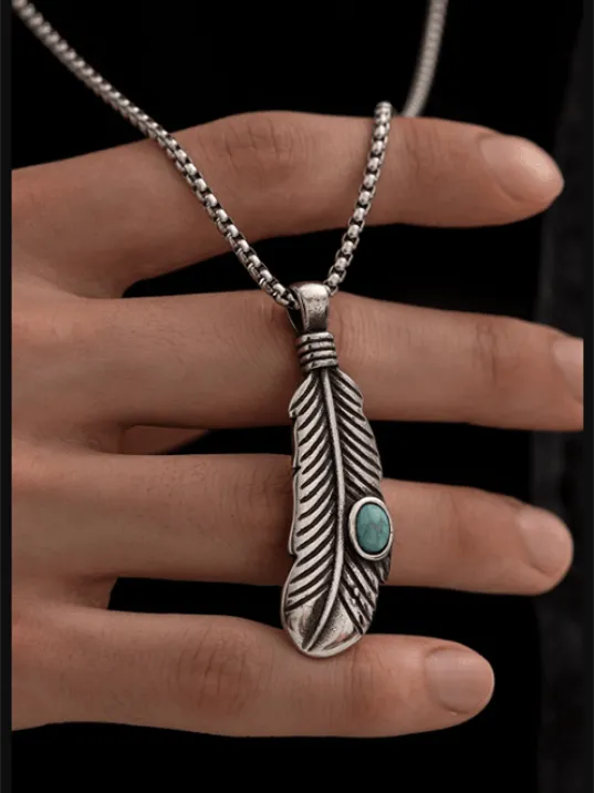 Erkek Kolye - Tüy Model Turkuaz Taşlı Erkek Çelik Kolye - 316 L Paslanmaz Çelik