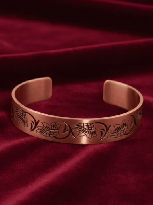 Kadın Bakır Bileklik - Çiçek Model Kadın Bakır Kelepçe Bileklik Bilezik Metal Kutu ve Kuvars Taşı