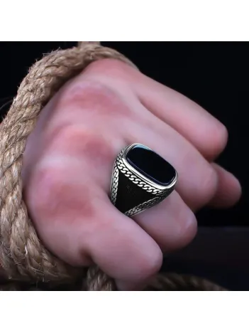 Siyah Oniks Taşlı Örme İşlemeli Özel Seri Erkek Gümüş Yüzük