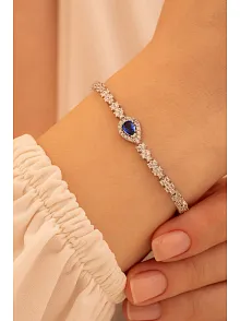 Kadın Gümüş Bileklik - Safir Taşlı Damla Model Zirkon Süslemeli Kadın Bileklik