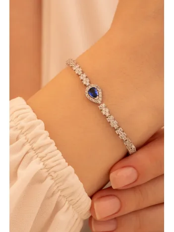 Kadın Gümüş Bileklik - Safir Taşlı Damla Model Zirkon Süslemeli Kadın Bileklik