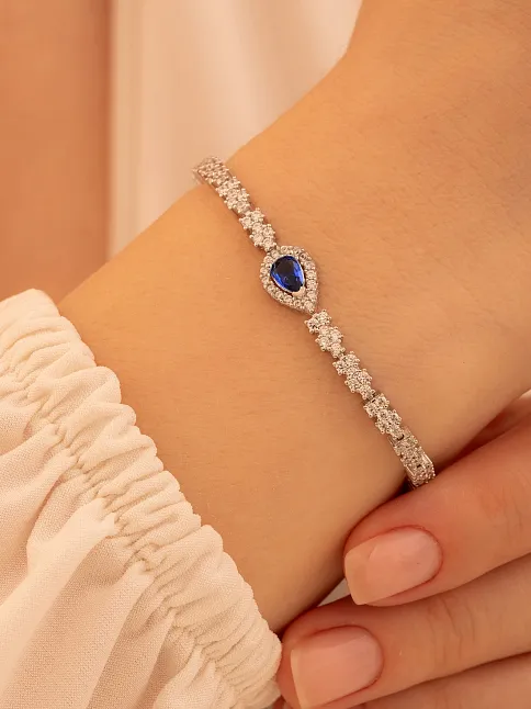 Kadın Gümüş Bileklik - Safir Taşlı Damla Model Zirkon Süslemeli Kadın Bileklik