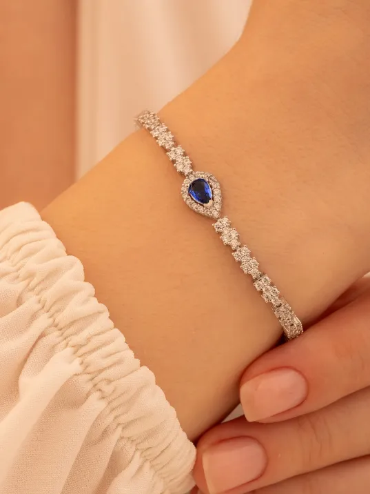 Kadın Gümüş Bileklik - Safir Taşlı Damla Model Zirkon Süslemeli Kadın Bileklik Kadın Gümüş Bileklik - Safir Taşlı Damla Model Zirkon Süslemeli Kadın Bileklik