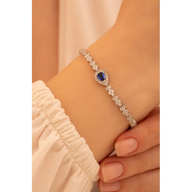 Kadın Gümüş Bileklik - Safir Taşlı Damla Model Zirkon Süslemeli Kadın Bileklik Kadın Gümüş Bileklik - Safir Taşlı Damla Model Zirkon Süslemeli Kadın Bileklik