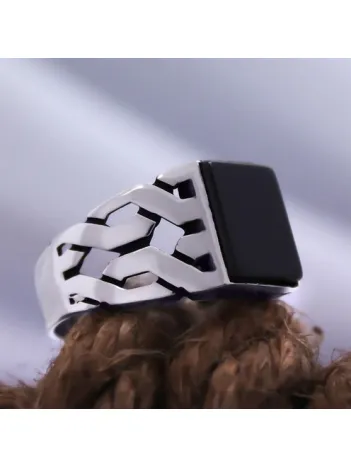 Siyah Oniks Taşlı Yanı İşlemeli Özel Seri Erkek Gümüş Yüzük