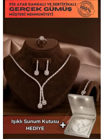 Kadın Gümüş Takı Seti - Merlin Baget Taşlı Model Kolye, Bileklik, Yüzük, Küpe Tam Set