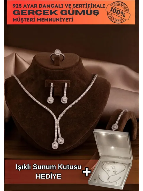 Kadın Gümüş Takı Seti - Merlin Baget Taşlı Model Kolye, Bileklik, Yüzük, Küpe Tam Set