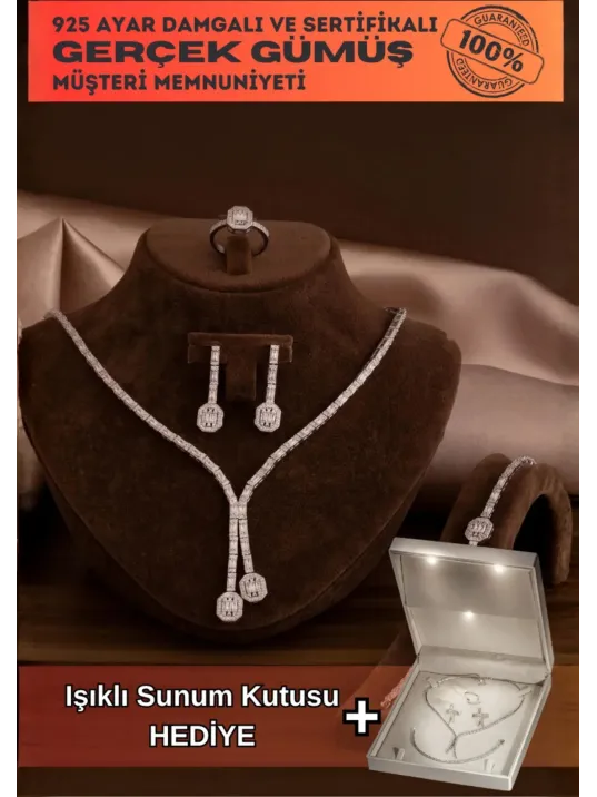 Kadın Gümüş Takı Seti - Merlin Baget Taşlı Model Kolye, Bileklik, Yüzük, Küpe Tam Set