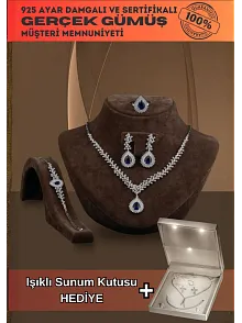 Çise Bayan Safir Taşlı Gümüş Su Yolu Set - Kolye, Bileklik, Küpe, Yüzük