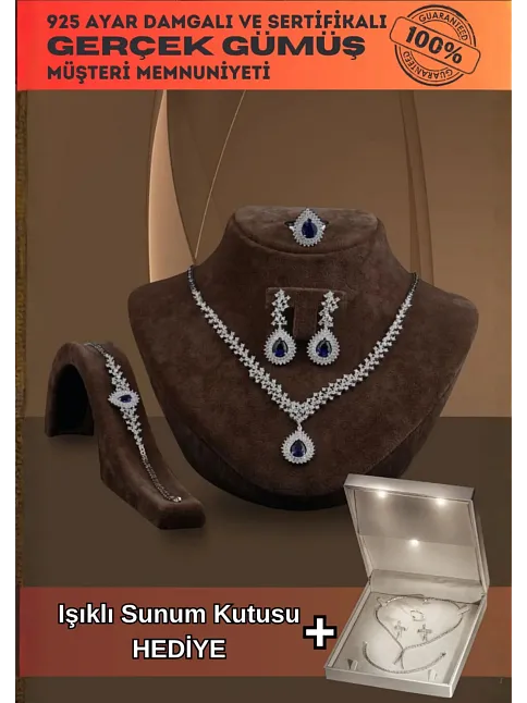 Çise Bayan Safir Taşlı Gümüş Su Yolu Set - Kolye, Bileklik, Küpe, Yüzük