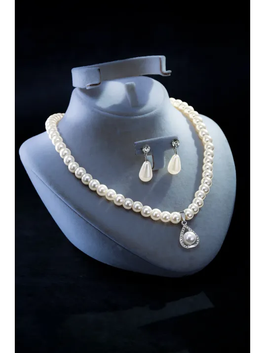 Kadın İnci Kolye Küpe Set - Victoria Model Çiçek Motifli Kadın İnci Set