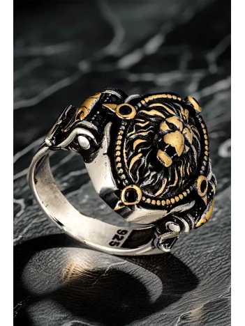 Erkek Aslan Kafası Motifli Yanı Zirkon Taşlı 925 Ayar Gümüş Yüzük