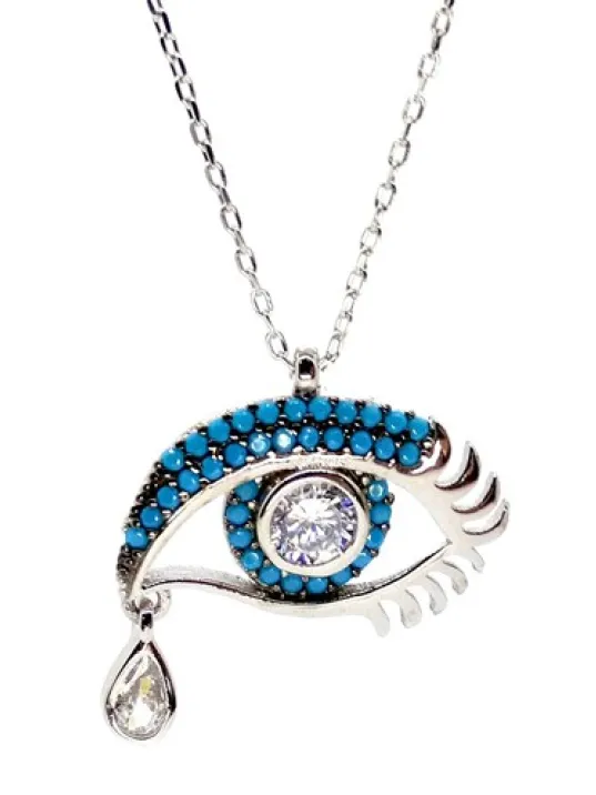 Firuze Taşlı Gözyaşı Bayan Gümüş Kolye