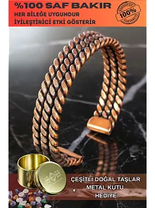Kadın Bakır Bileklik - Üç Sıra Noktalı Burgu Bakır Bilezik Metal Kutu Ve Doğal Taşlar