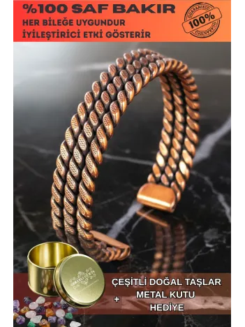 Kadın Bakır Bileklik - Üç Sıra Noktalı Burgu Bakır Bilezik Metal Kutu Ve Doğal Taşlar