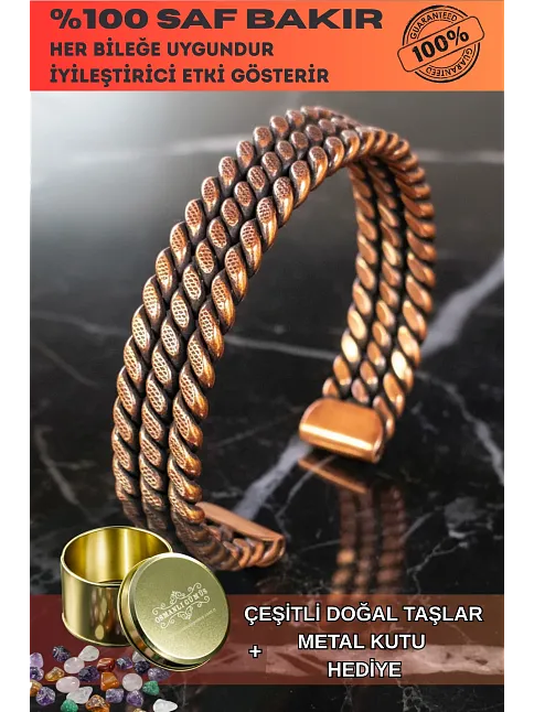 Kadın Bakır Bileklik - Üç Sıra Noktalı Burgu Bakır Bilezik Metal Kutu Ve Doğal Taşlar