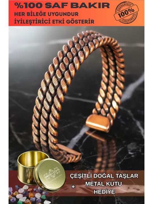 Kadın Bakır Bileklik - Üç Sıra Noktalı Burgu Bakır Bilezik Metal Kutu Ve Doğal Taşlar