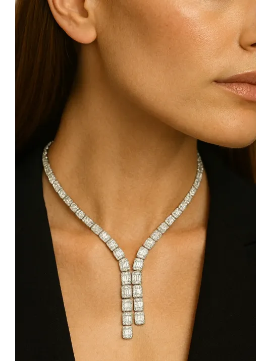 Kadın Gümüş Takı Seti - Kalın Dilruba Baget Taşlı Kolye Bileklik Yüzük Küpe Tam Set Işıklı Kutuda