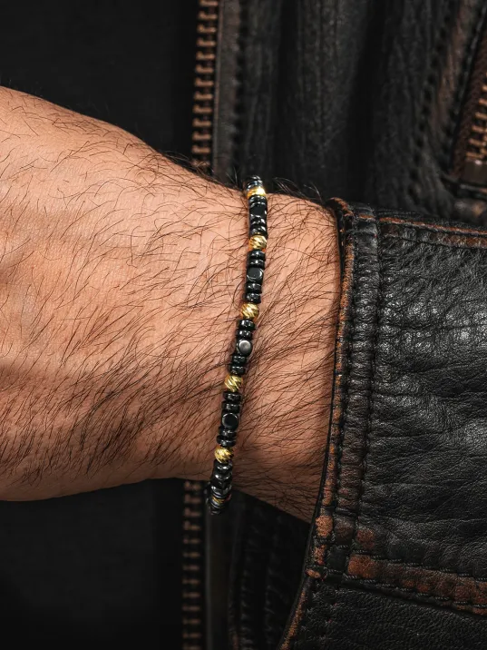 Kadın Erkek Gümüş Bileklik - Hematit Taşlı Gümüş Detaylı İnce Kibar Erkek Kadın Bileklik