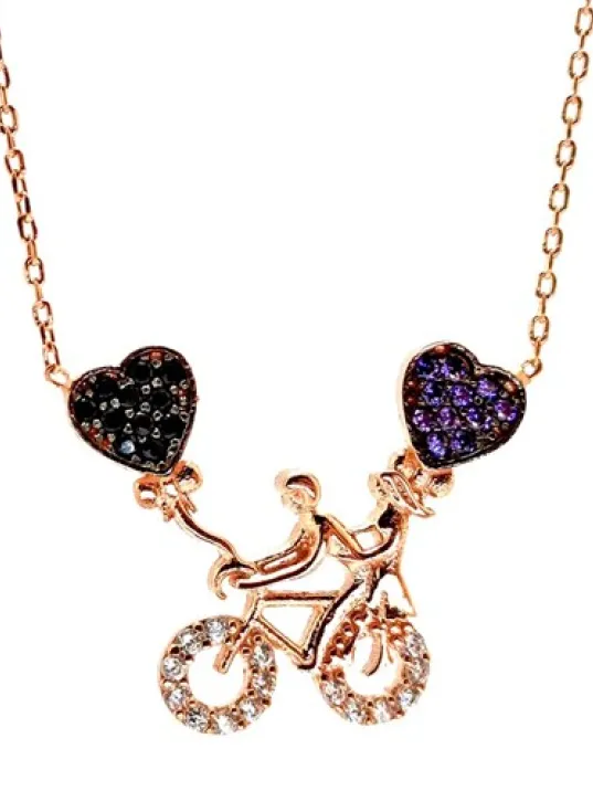Bisikletli Aşıklar Rose Bayan Gümüş Kolye