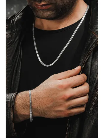 Erkek Gümüş Set - Oluklu Nano Model Erkek Bileklik Kolye Gümüş Set 3 Bakla 60 Mikron