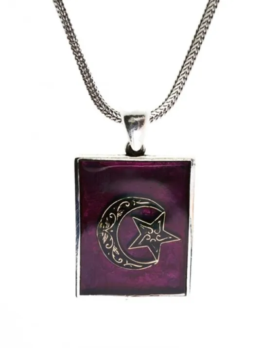 Bordo Mineli Ay Yıldız Erkek Gümüş Kolye Zincir Orta Boy