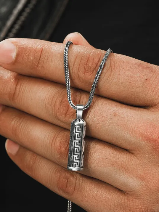 Erkek Gümüş Cevşen Muska Zincir Geometrik Desenli