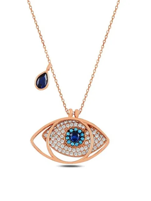 Safir Taşlı Rose Göz Model Gümüş Kadın Kolye GKLGOZMODL9-ROS
