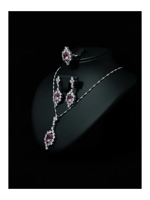 Kadın Gümüş Kolye Yüzük Küpe Set - Bella Model Kare Pembe Zirkon Taşlı Set